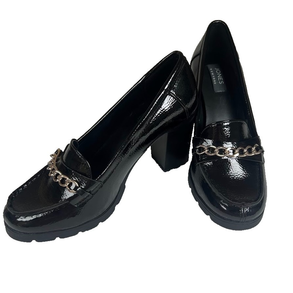 Black Patent Platform Loafer Heels Chain Detail Chunky Lug Sole Womens 7 NWOB